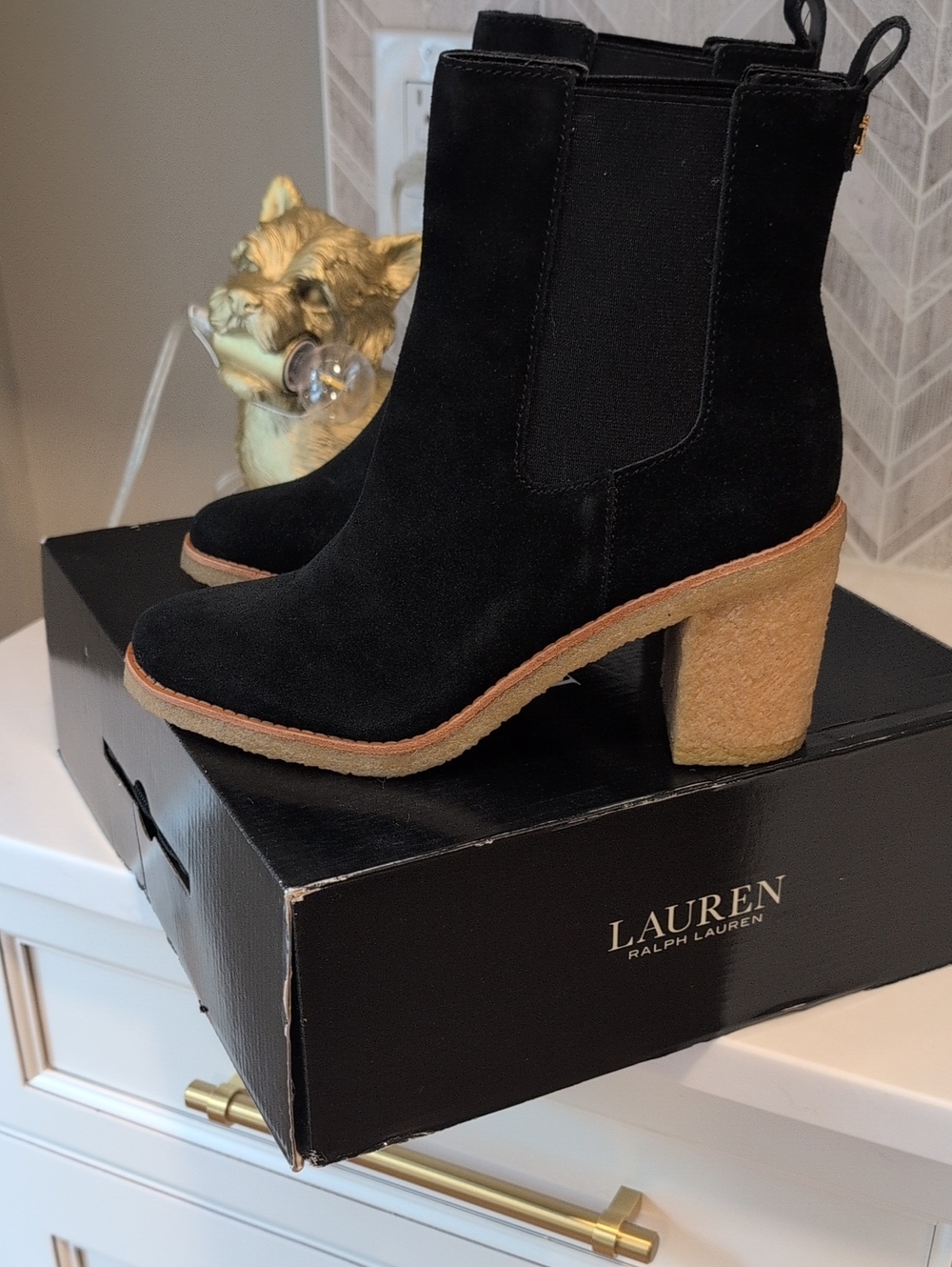 Ralph Lauren Black Suede Marianna Block Heel Boots Size 8 NWT